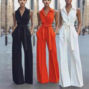 2025 Amazon European and American Foreign Trade Women's Fashion Shirt Collar Solid Color Wide-Leg European and American Commuter Office Jumpsuit