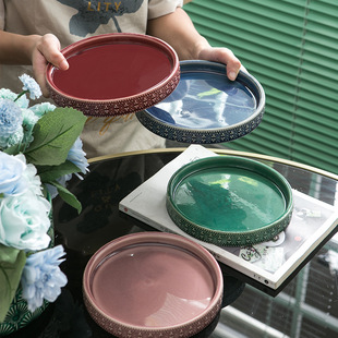 Export Flower Pot Ceramic Tray Water Tray Green Plant Chassis Round Base Embossed Ice Cracked Flower Pot Holder