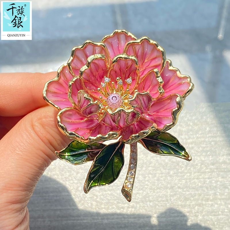Qianzu Silver New Chinese Style National Style Exquisite High-grade Peony Flower Brooch Women's Hand-painted Enamel Color Niche Flower Pin