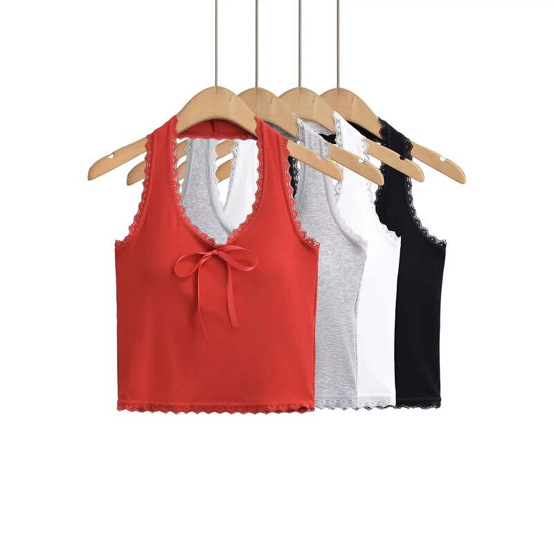 American-Style Spicy Girl Style Camisole with Breast Pads and Bow Decoration, New Summer Lace-Trimmed Halter Neck Tank Top American-Style Spicy Girl Style Camisole with Breast Pads and Bow Decoration, New Summer Lace-Trimmed Halter Neck Tank Top