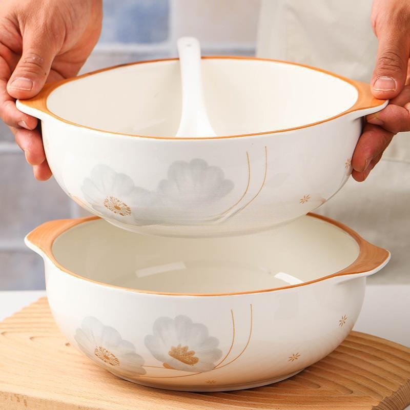 Large Anti-Scald Double-Handle Soup Bowl for Home Use, Japanese Style New Creative Tableware Ceramic Bowl for Sauerkraut Fish Soup