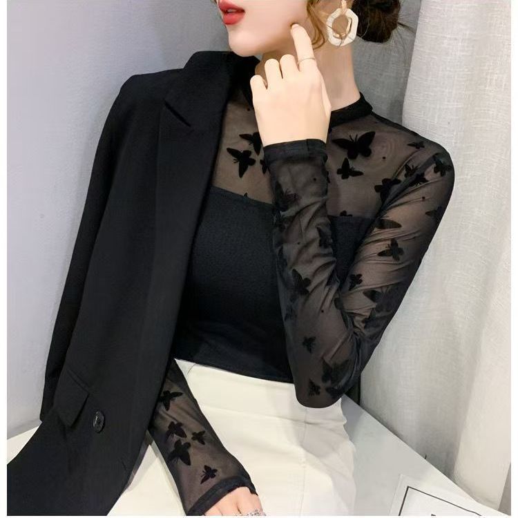 2025 Patchwork Butterfly Lace Sun Protection Long-Sleeve Top for Autumn and Summer, Slim-Fit Mesh Plus-Size Blouse, Artistic Retro Style