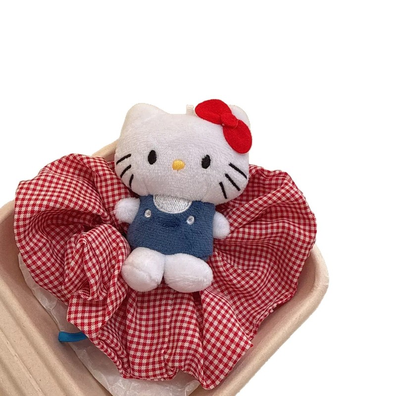 可爱卡通猫咪公仔红格纹发圈甜美少女百搭头饰高级感软萌扎发丸子|undefined