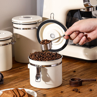 304 stainless steel coffee bean sealed tank with measuring spoon household exhaust valve exhaust sealed storage tank fresh-keeping bucket