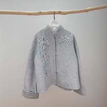 羊毛羊驼毛呢外套深圳南油秋冬款新中式国风竹叶亮片盘扣工厂直销