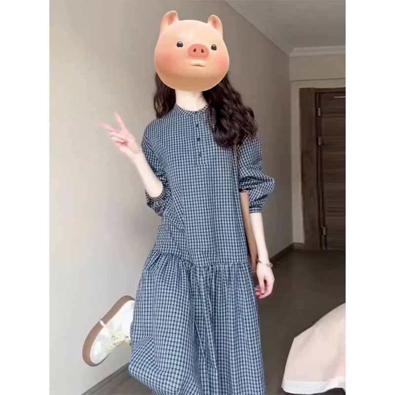 小红书爆款茶歇小个子格纹衬衫连衣裙新款日系甜美收腰显瘦长裙|undefined