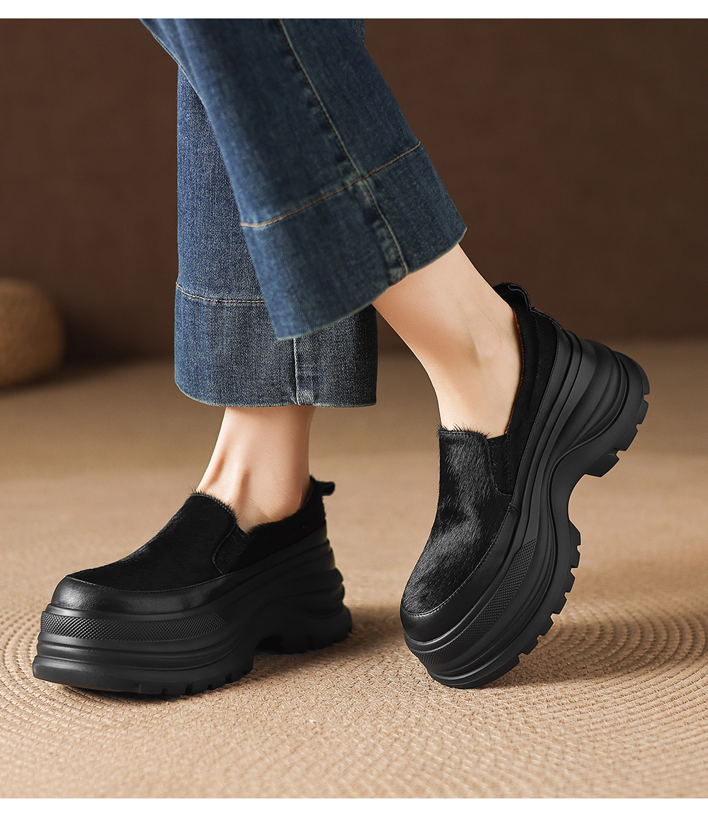 Giày loafer nữ đế xuồng platform da lông ngựa gót 7.5 cm — màu đen, màu mơ chi tiết 14
