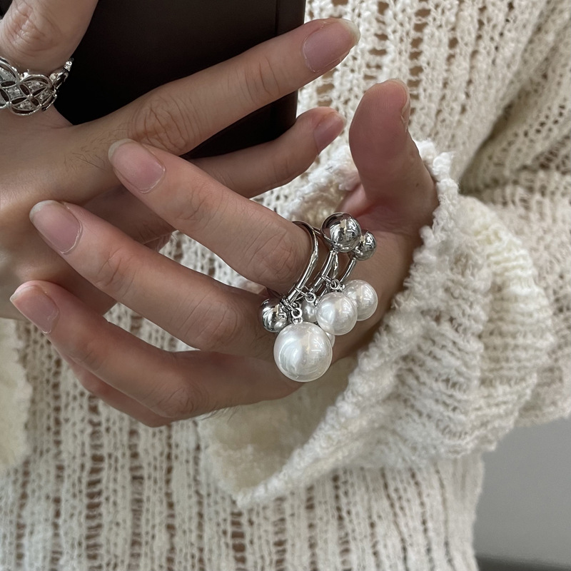 Exaggerated Socialite Style Korean Niche Heavy Beaded Pearl Tassel Ring High-End Versatile Ring for Women