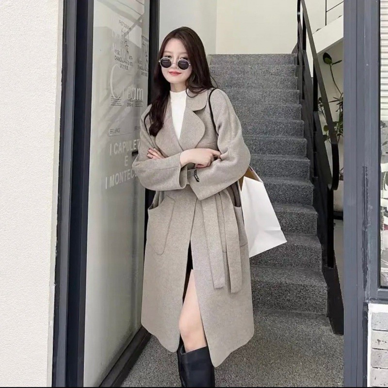 Z女士双面羊绒大衣毛呢系带2024春秋冬时尚修身中长款外套