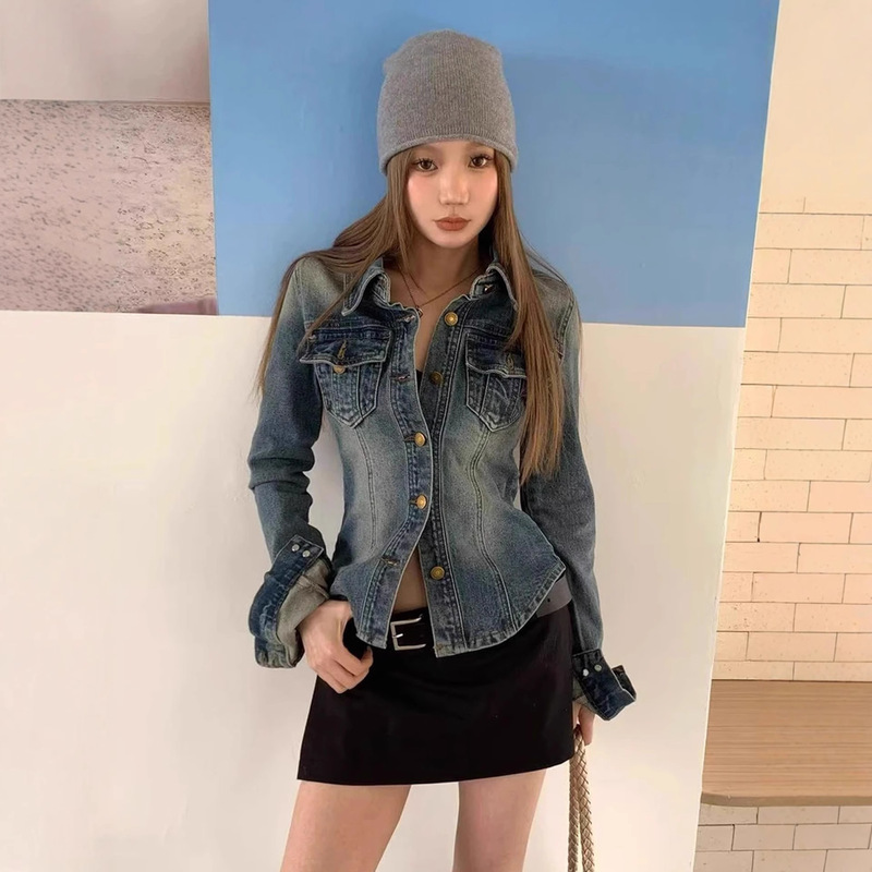 番茄妹妹Tomatosister春款2025复古休闲牛仔wait美式水洗POLO上衣|undefined