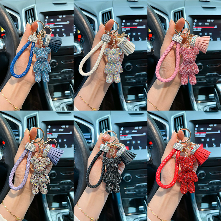 Diamante personalizado-incrustado pequeño violento oso llavero lindo cuerda trenzada borla coche llavero exquisito regalo colgante