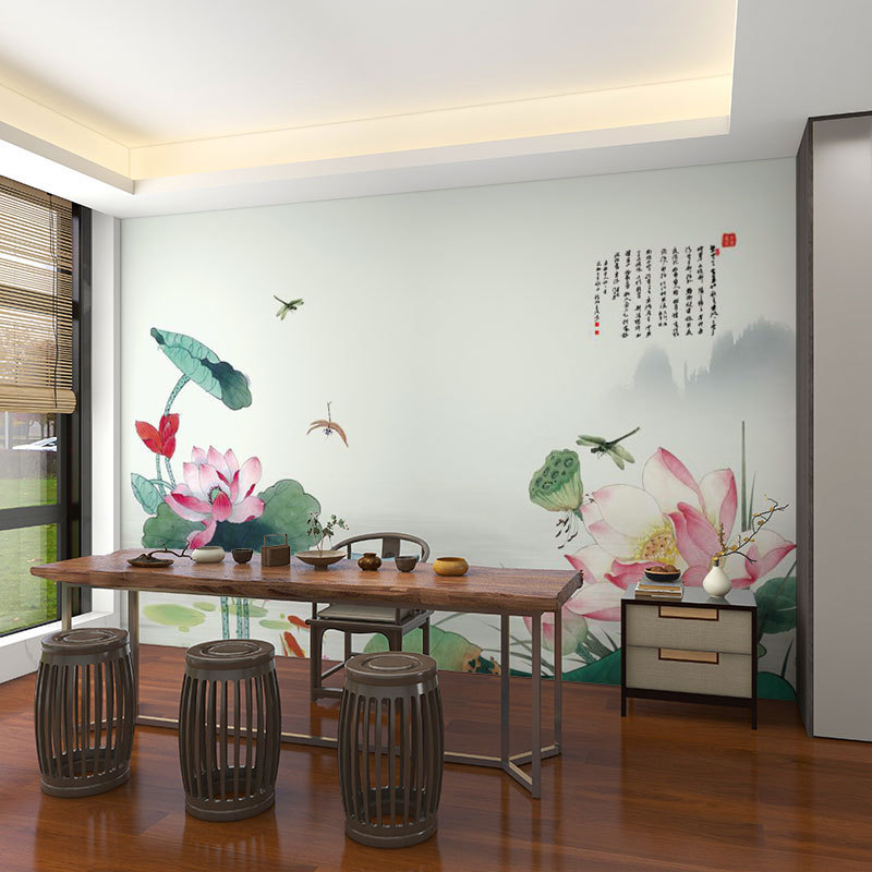 壁画3d立体中式意境荷花电视背景墙壁纸客厅壁布装饰墙布墙纸|undefined