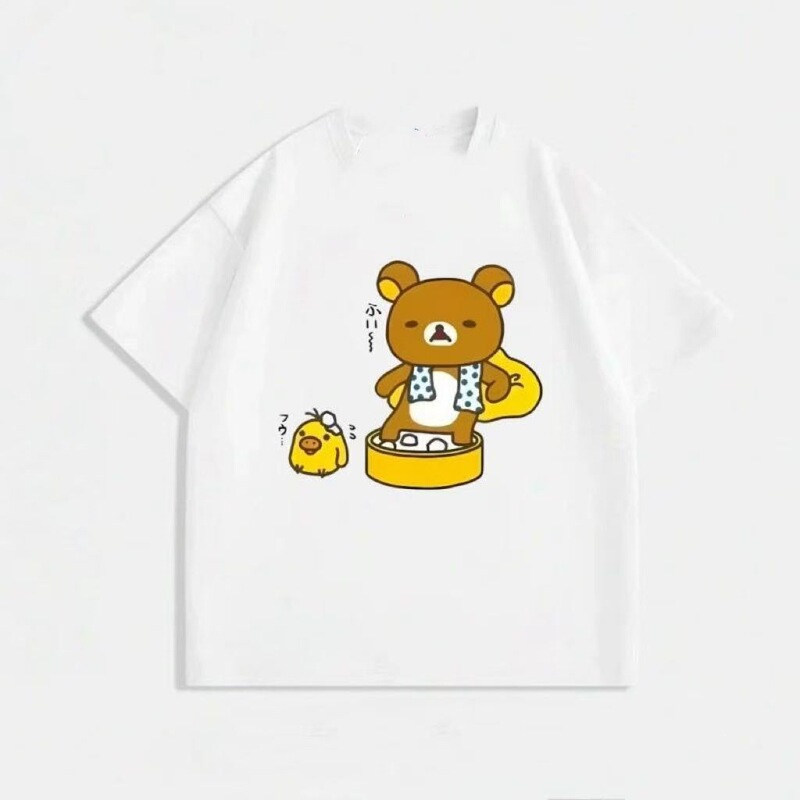 Pure Cotton Cute Cartoon Rilakkuma Print Short-Sleeved T-Shirt for Men and Women, Soft Student-Style Top for Summer