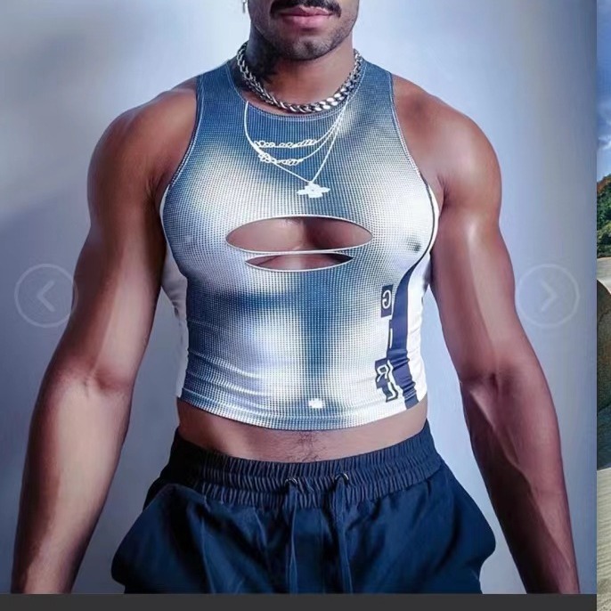 独立站跨境肌肉男士牛奶丝印花运动修身背心性感漏洞设计潮流上衣