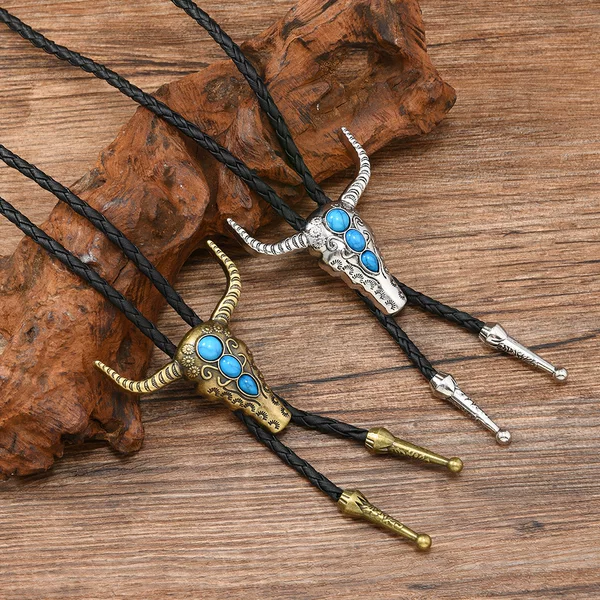 Cross-Border Turquoise Bull Head Necklace, Vintage Alloy Personalized Sweater Chain, Creative Chain, Versatile Casual Pendant