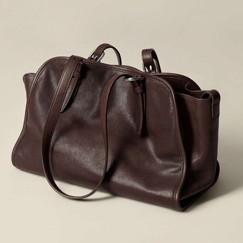 Qiu Zhenzhi Vegetable-Tanned Cow and Sheep Leather Yuanbao Bowling Bag, Vintage Genuine Leather Large-Capacity Commuter Bag, Elegant Designer Bag for Women