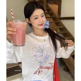 韩系白色印花正肩防晒长袖T恤女chic早春季薄款空调罩衫宽松上衣