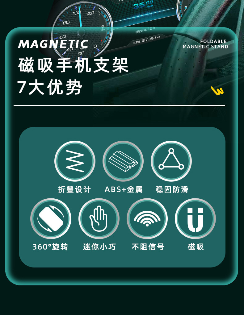Cross-Border Magnetic Car Phone Holder with 360-Degree Rotating Joints, Foldable Car Navigation Strong Magnetic Anti-Shake Support Stand