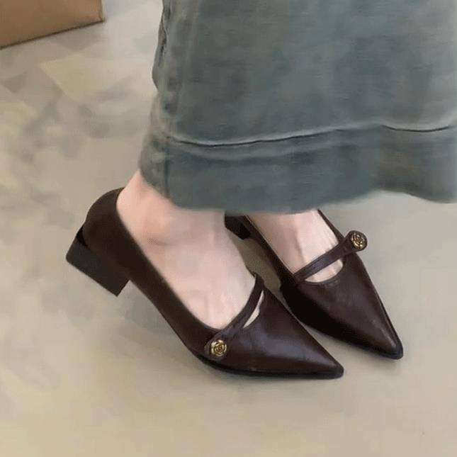 Versión de cuero de vaca ~ primavera y otoño estilo francés de tacones altos de punta, zapatos de tacones altos, zapatos poco profundos para mujeres, zapatos de talón grueso