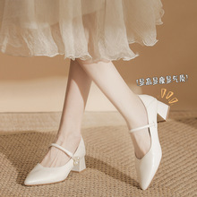 真皮法式尖头新款旗袍鞋白色玛丽珍单鞋皮鞋工作单鞋晚晚鞋女鞋