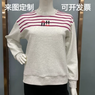 200g精梳棉条纹印花 刺绣logo圆领长袖卫衣女上衣卫衣女款春秋