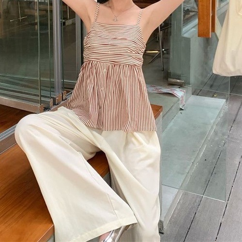 Korean-style new fashion set with color-block stripes tank top and women's summer high-waist slimming casual pants two-piece set