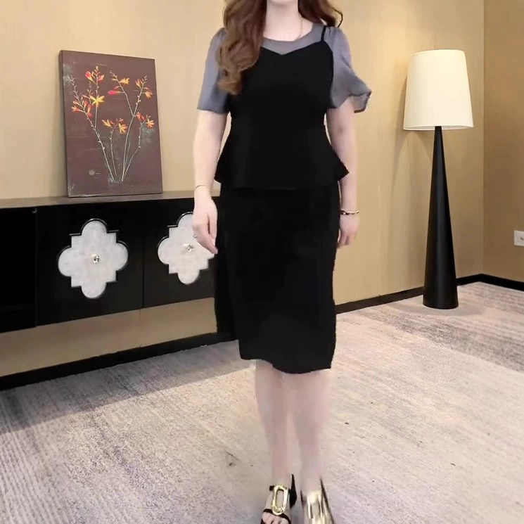 Летняя новая мода, простой шифоновый комплект из двух предметов, утягивающее платье больших размеров, повседневная женская одежда