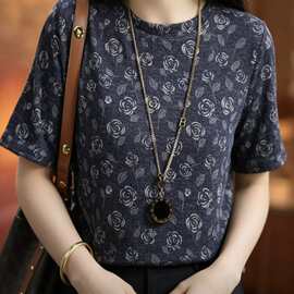 玫瑰印花短袖T恤女夏季薄款时尚洋派减龄百搭I宽松显瘦休闲女上衣