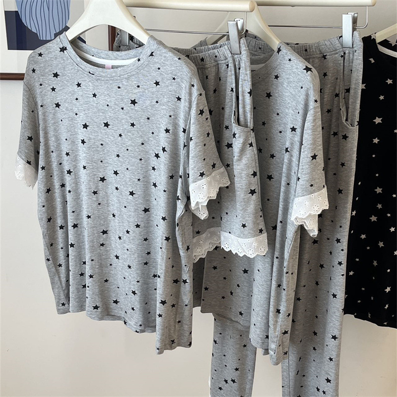 Lace Trim Five-Pointed Star Weekend Lazy Short-Sleeve Long Pants Pure Cotton Modal Pajamas Women's Short-Sleeve Shorts Loungewear Lace Trim Five-Pointed Star Weekend Lazy Short-Sleeve Long Pants Pure Cotton Modal Pajamas Women's Short-Sleeve Shorts Loungewear