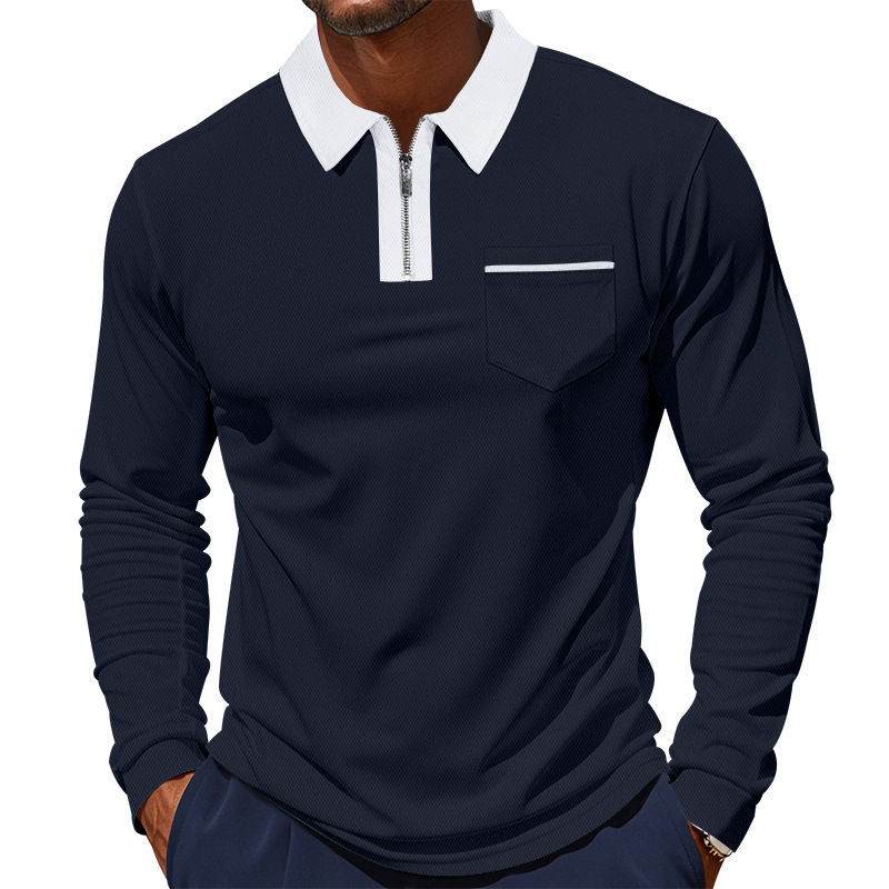 Camiseta Polo de Manga Larga para Hombre, Estilo Americano, Otoño-Invierno, Cuello con Media Cremallera, Ajustada, Camiseta Interior para Hombre