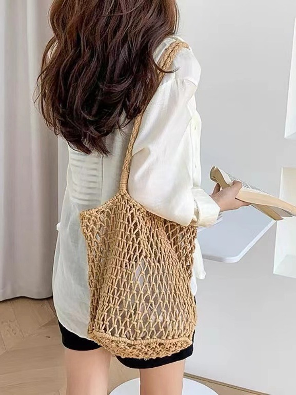 New Cotton Rope Shoulder Tote Bag, Niche Design, Large Capacity, Hollow Mesh Bag, Beach Vacation Leisure Bag