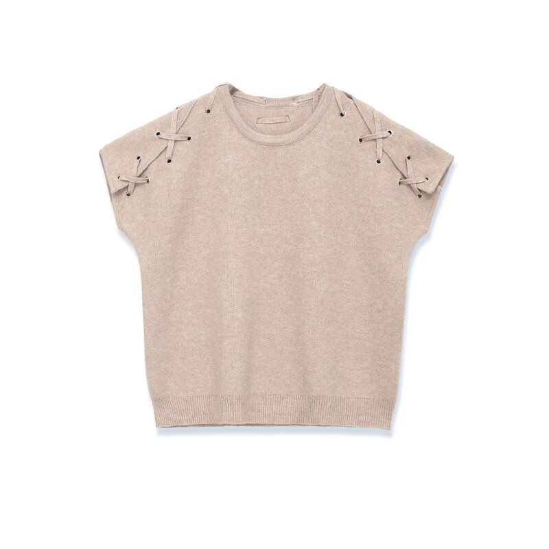 Pb&Za Women's Clothing 2026 Summer New Style Pure Desire Style Short-Sleeved Round Neck Knitwear with Shoulder Details 5755011
