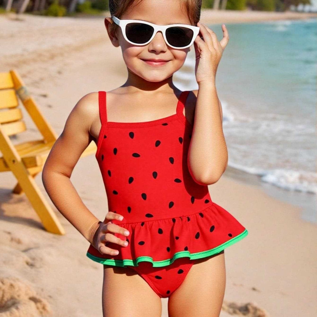 2025X新款女孩外贸泳衣跨境西瓜籽印花连体吊带女童游泳衣兴城