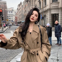 叮叮车风衣外套英伦女款2025新款感廓形大翻领双排扣长款气质卡其