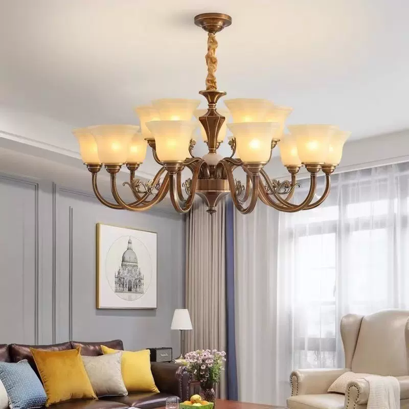 全铜美式吊灯客厅灯欧式简约大气复古餐厅吊灯卧室别墅复式家用灯