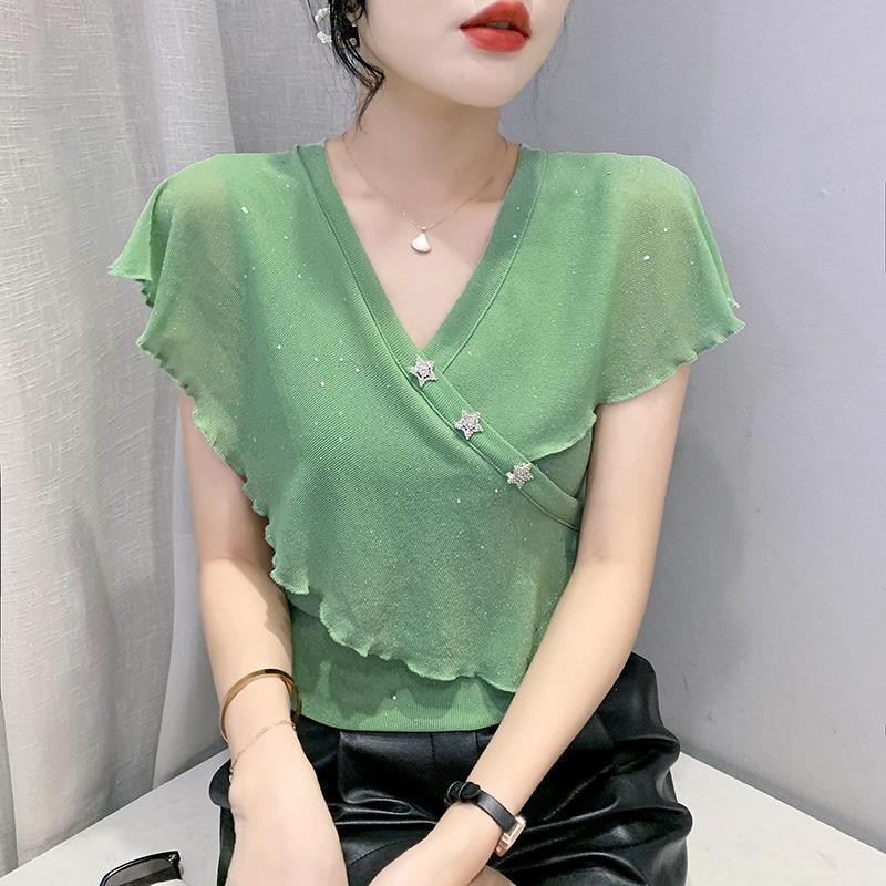 2022 Summer New Ruffled V-neck Top with Diamond Buckle Sleeveless T-shirt All-match Stylish Stretch Mesh Small Shirt