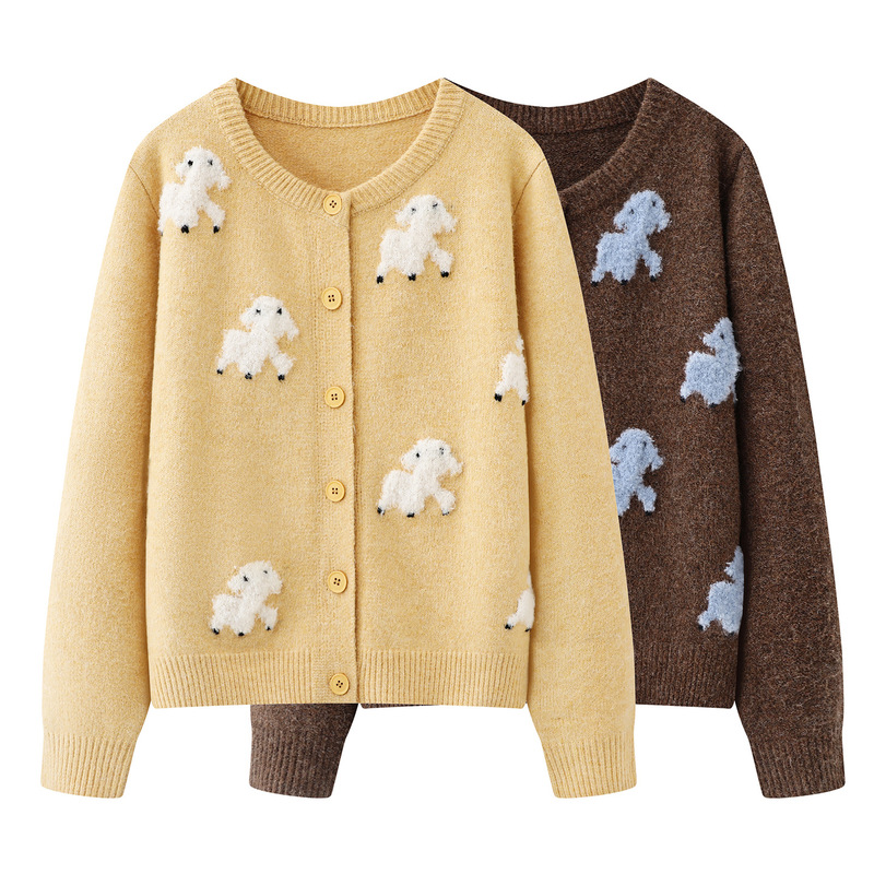 Lamb Jacquard Knitted Cardigan for Women 2025 Autum New Cashmere Two-Color Optional Loose and Gentle Sweater