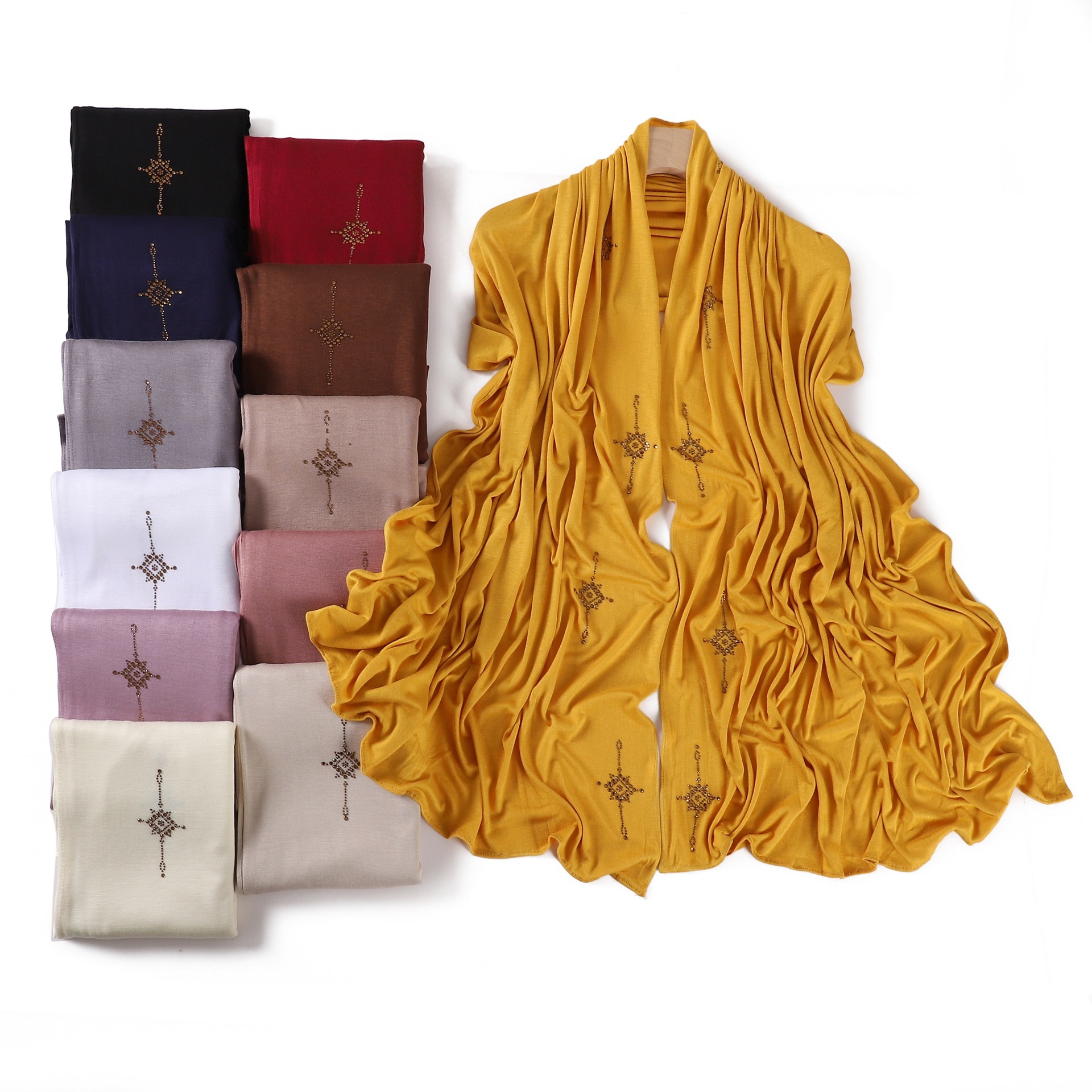 外贸纯色侧边金色十字大花烫钻丝光棉汗布长巾弹性亲肤围巾包头巾