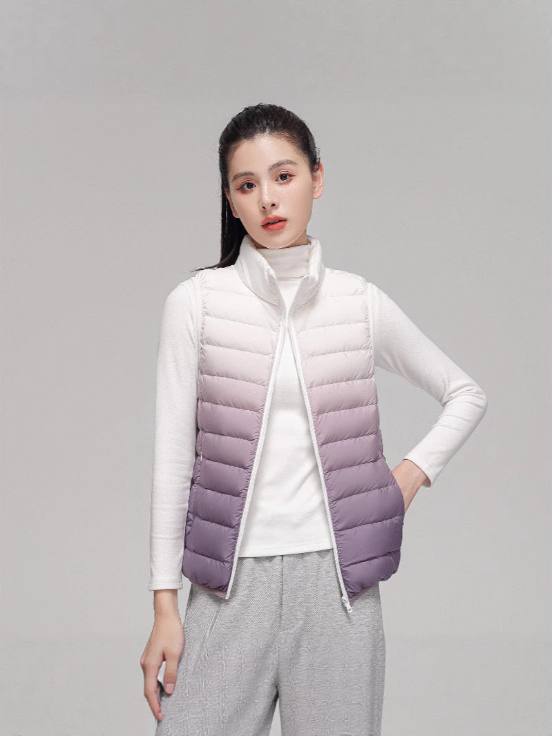 Transfronterizo TikTok otoño y invierno 90 vello chaleco de pluma ligero chaleco de mujer ropa de mujer ligera y delgada chaqueta de hombro de color gradiente