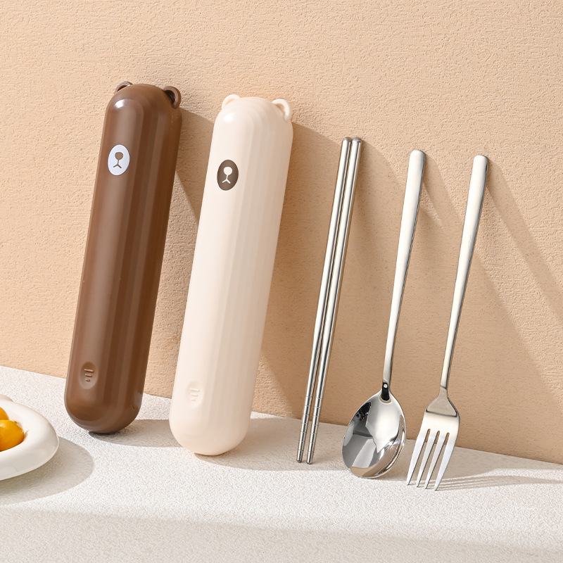 귀여운 한국식 304 스테인레스 스틸 휴대용 식기 3 피스 만화 세트 포크, 스푼 및 젓가락 학생 개학 여행 상자