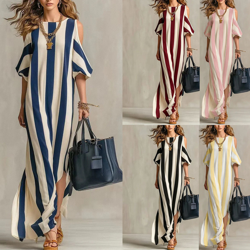 2026 Amazon European and American Style Vertical Striped Off-Shoulder Loose Slimming Split Vacation Long Dress with Mid-Sleeves 2026 Amazon European and American Style Vertical Striped Off-Shoulder Loose Slimming Split Vacation Long Dress with Mid-Sleeves