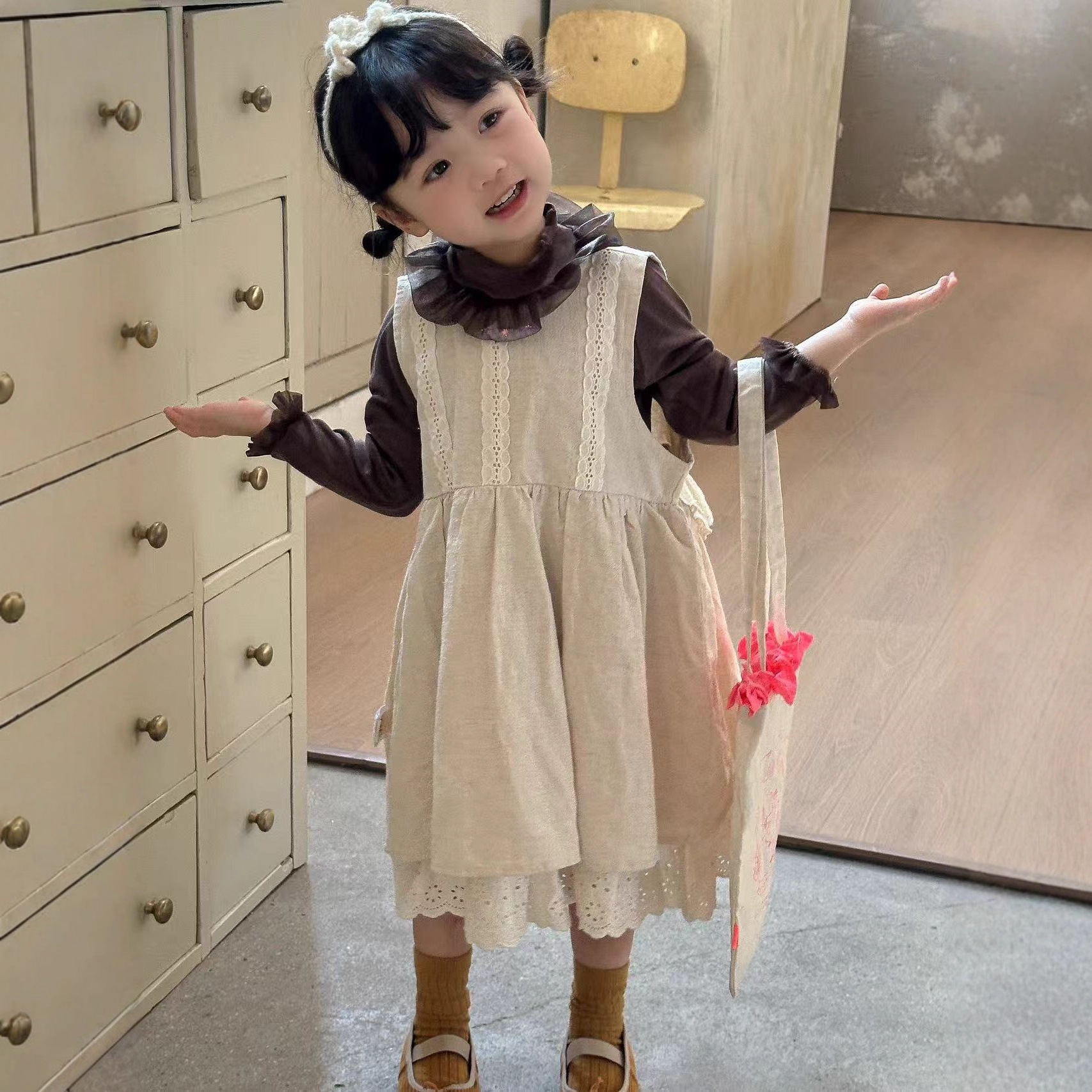 【Eer】秋季首发法式背心裙亚麻蕾丝花边公主裙女童新款宝宝童装