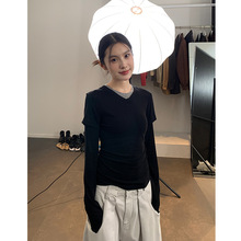 天丝羊毛假两件长袖t恤上衣女2025秋季新款撞色ins修身显瘦打底衫