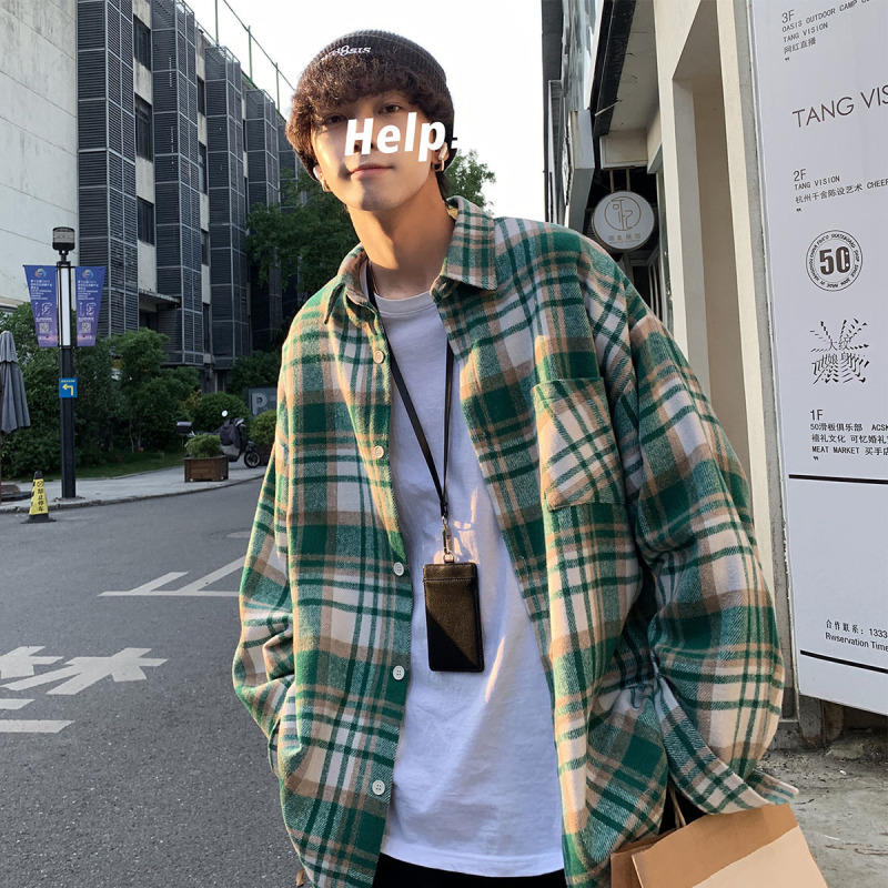 Green Woolen Plaid Shirt Long-sleeved Men's Autumn and Winter British Yuppie Men's Casual Shirt Design Sense Jacket Green Woolen Plaid Shirt Long-sleeved Men's Autumn and Winter British Yuppie Men's Casual Shirt Design Sense Jacket
