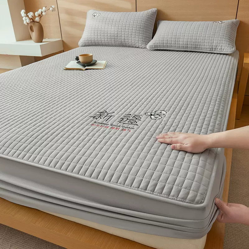 裸睡全棉床笠三件套刺绣新疆棉花加厚夹棉席梦思床垫纯棉床罩防滑