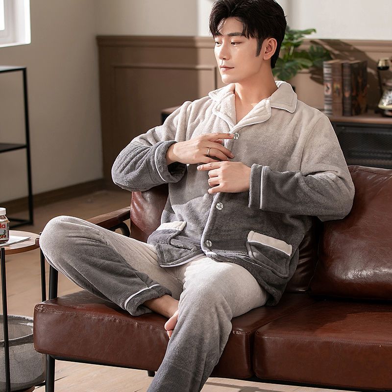 Pijamas de invierno de terciopelo de coral, pijamas de franela gruesas de invierno para hombres, ropa de hogar cálida de mangas largas para hombres