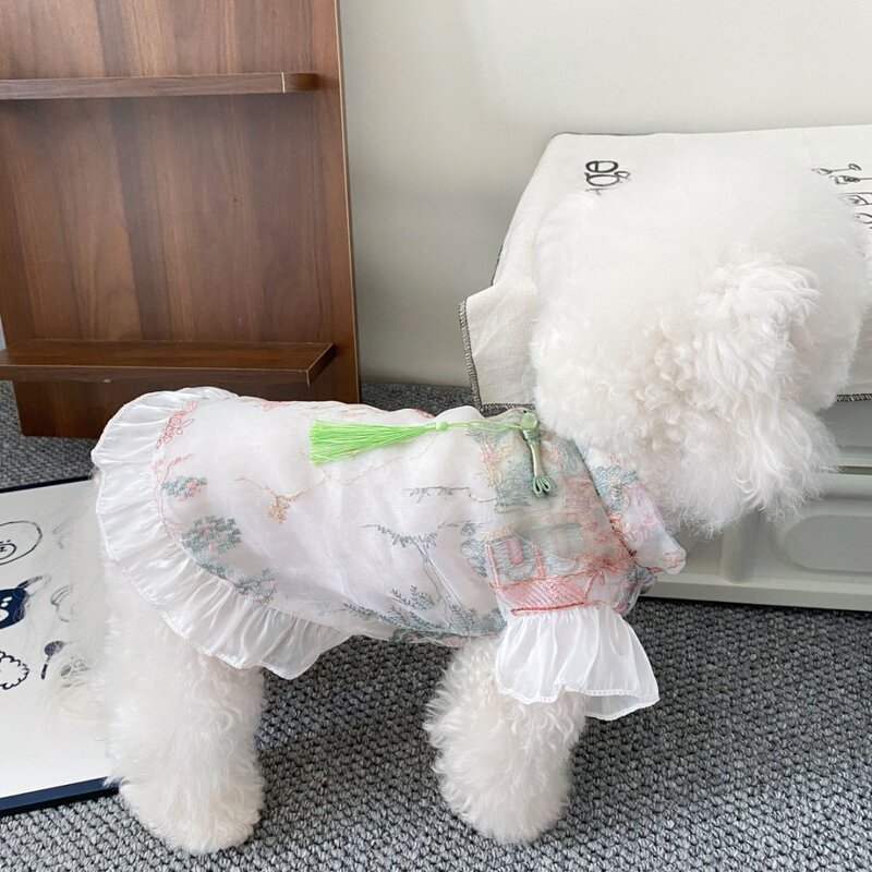 犬と猫の春夏の新しい中国風のチャイナドレスノースリーブボタン通気性のある中国風のスカートビションシーズテディ服薄い|undefined