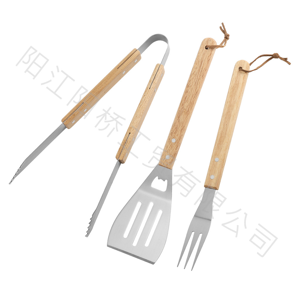 Spot fabricante de herramientas de barbacoa de acero inoxidable juego de pinzas de pala de mango de madera para barbacoa al aire libre juego completo