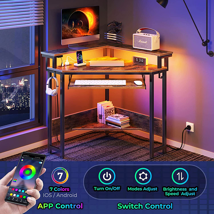 Office Small Computer Desk with Keyboard Tray Monitor Stand Triangular Computer Desk with Socket LED Light