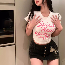 甜辣印花T恤潮夏季白色辣妹高腰修身性感短袖短款t恤女短袖上衣潮